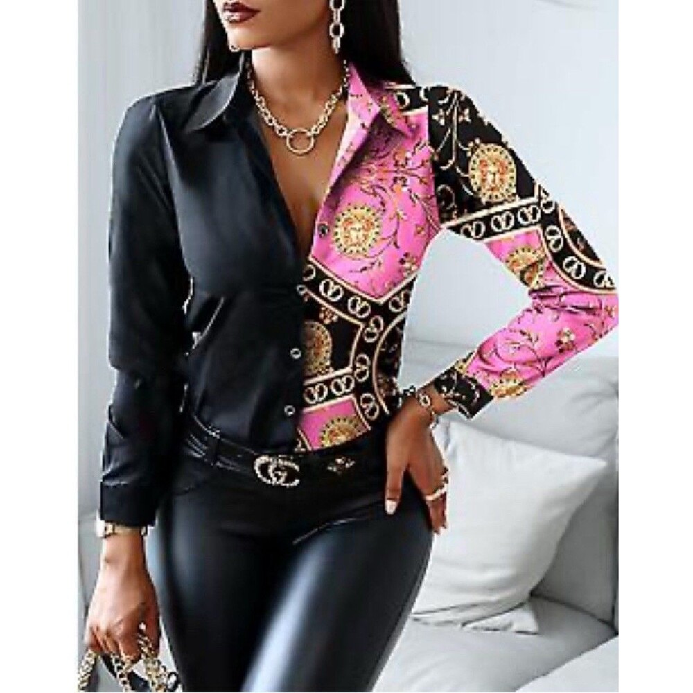 Chic Me Women’s Small Baroque Print Mixed Media Button Up Pink Shirt Office